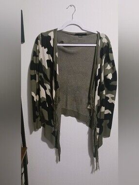 Forever 21 Camouflage Open Front Fringe Cardigan